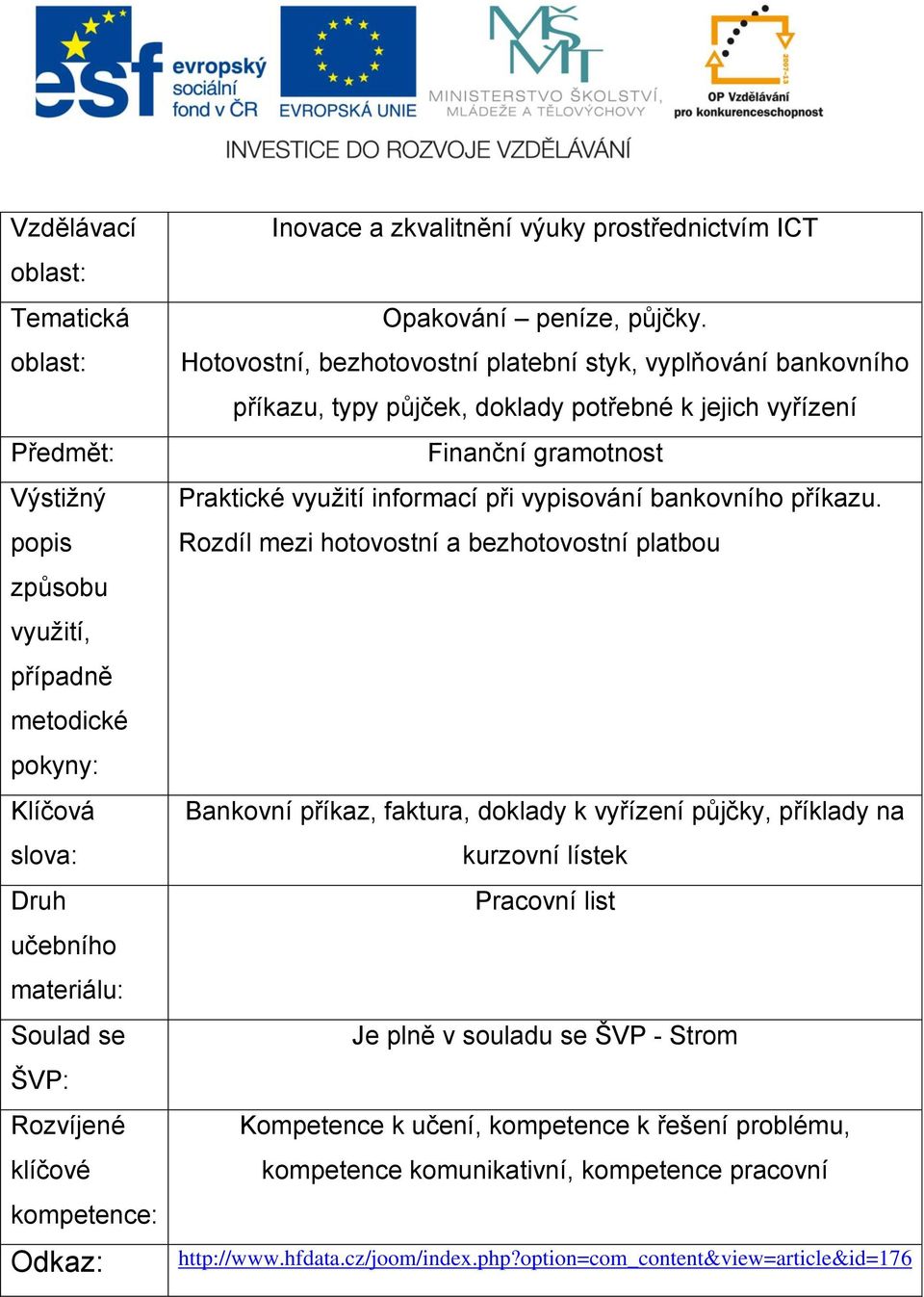 Hotovostní, bezhotovostní platební styk, vyplňování bankovního příkazu, typy půjček, doklady potřebné k jejich vyřízení Finanční gramotnost Praktické využití informací při vypisování bankovního