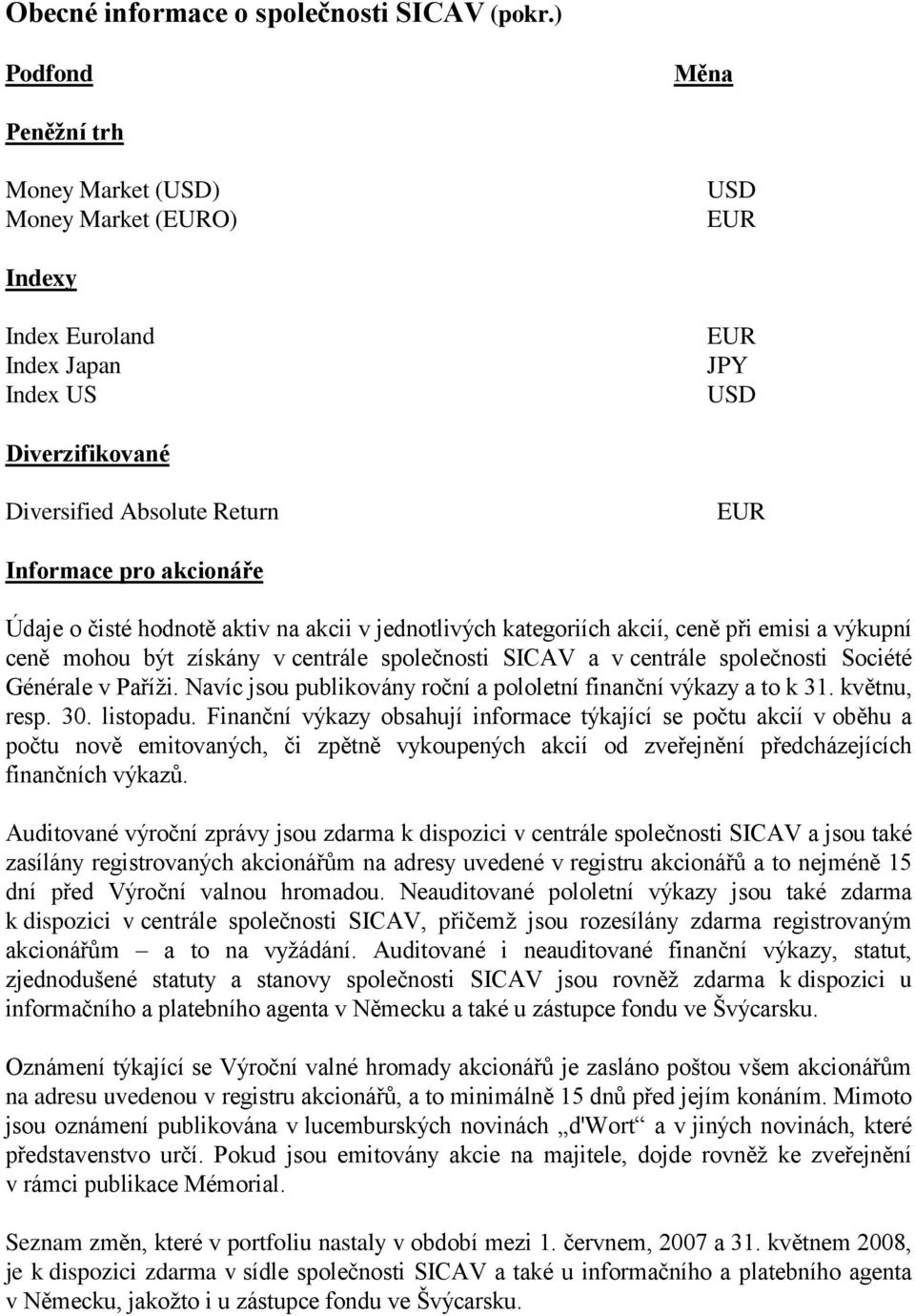 akcionáře Údaje o čisté hodnotě aktiv na akcii v jednotlivých kategoriích akcií, ceně při emisi a výkupní ceně mohou být získány v centrále společnosti SICAV a v centrále společnosti Société Générale