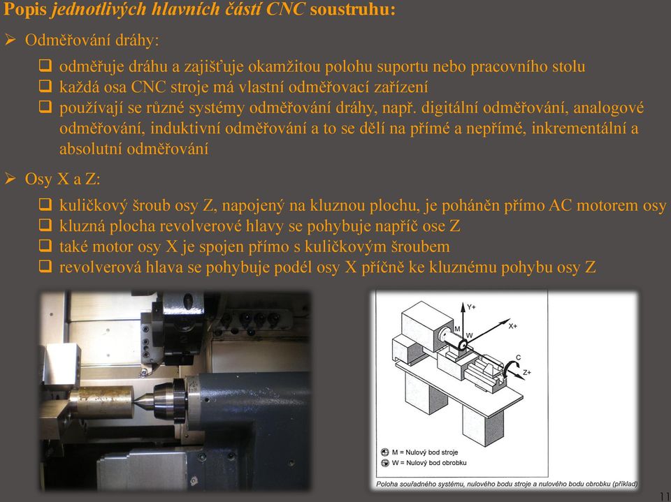 digitální odměřování, analogové odměřování, induktivní odměřování a to se dělí na přímé a nepřímé, inkrementální a absolutní odměřování Osy X a Z: