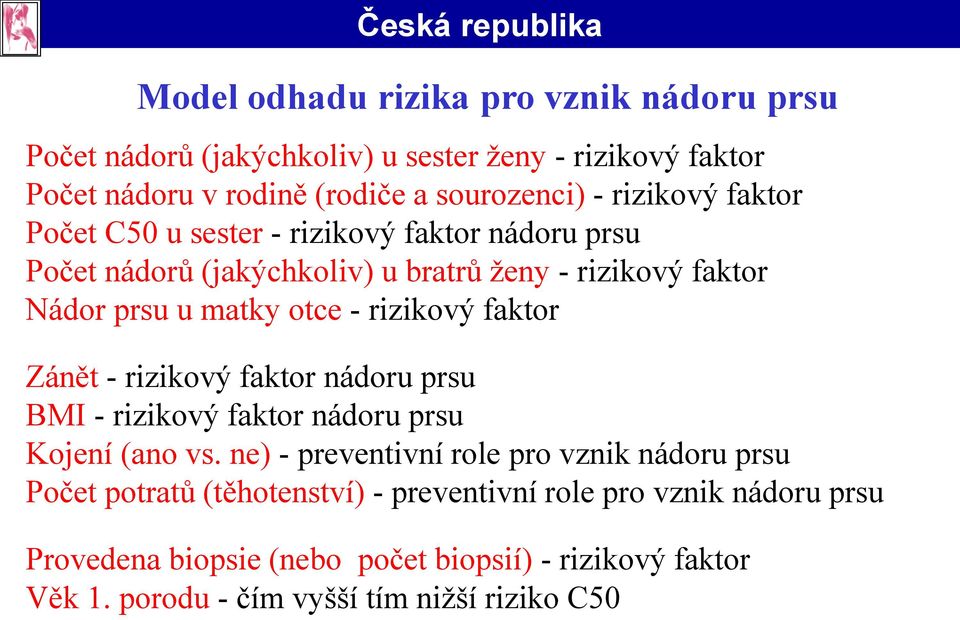 otce - rizikový faktor Zánět - rizikový faktor nádoru prsu BMI - rizikový faktor nádoru prsu Kojení (ano vs.
