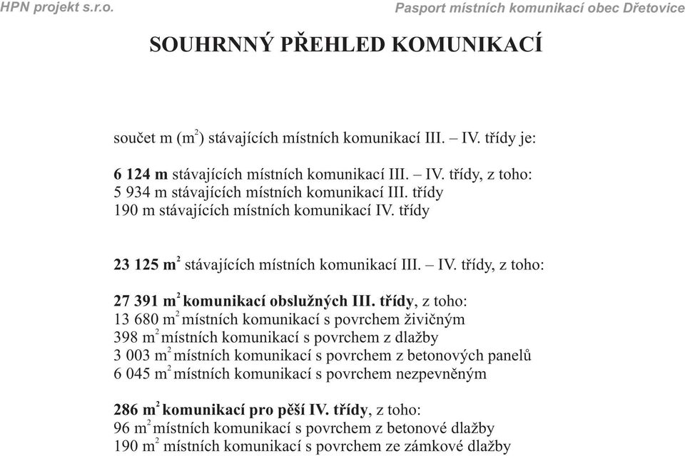 třídy, z toho: 13 680 m místních komunikací s povrchem živičným 398 m místních komunikací s povrchem z dlažby 3 003 m místních komunikací s povrchem z betonových panelů 6 045 m