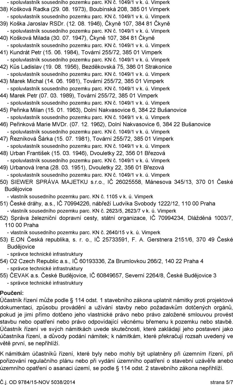 03. 1989), Tovární 255/72, 385 01 Vimperk 45) Peřinka Milan (15. 01. 1963), Dolní Nakvasovice 6, 384 22 Bušanovice 46) Peřinková Marie MVDr. (07. 12.