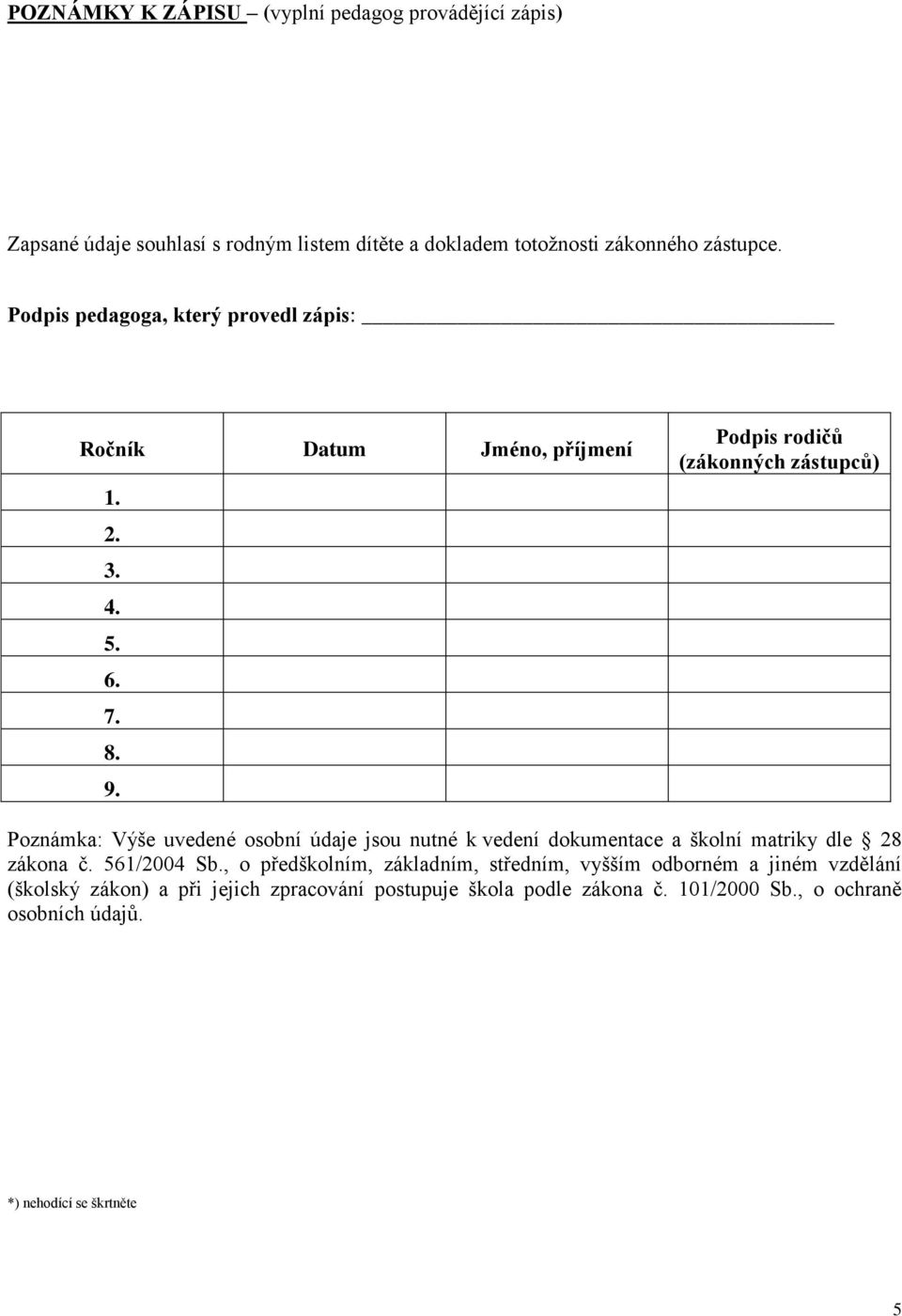 Podpis rodičů (zákonných zástupců) Poznámka: Výše uvedené osobní údaje jsou nutné k vedení dokumentace a školní matriky dle 28 zákona č.