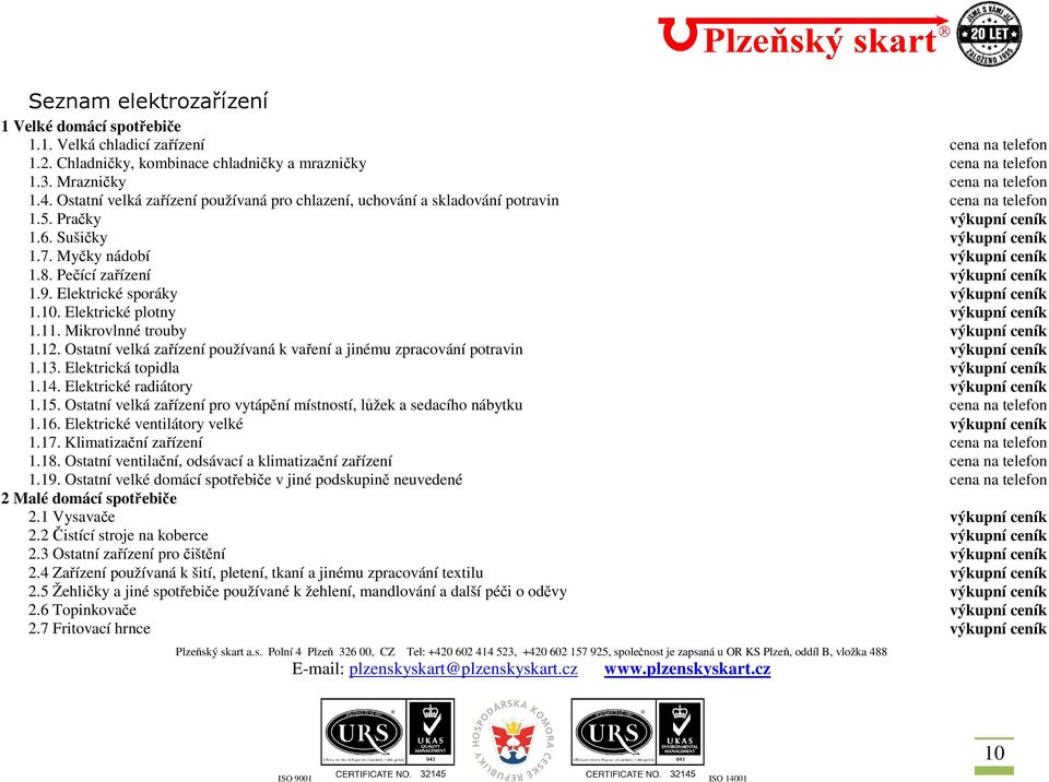 Pečící zařízení výkupní ceník 1.9. Elektrické sporáky výkupní ceník 1.10. Elektrické plotny výkupní ceník 1.11. Mikrovlnné trouby výkupní ceník 1.12.