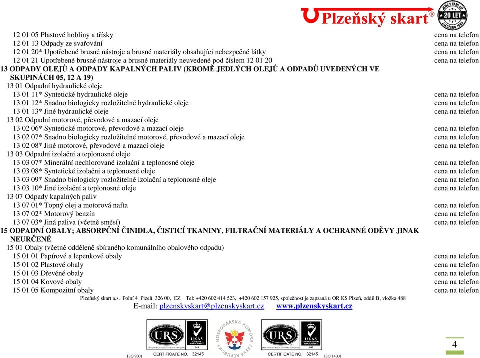 ----SKUPINÁCH 05, 12 A 19) 13 01 Odpadní hydraulické oleje 13 01 11* Syntetické hydraulické oleje cena na telefon 13 01 12* Snadno biologicky rozložitelné hydraulické oleje cena na telefon 13 01 13*