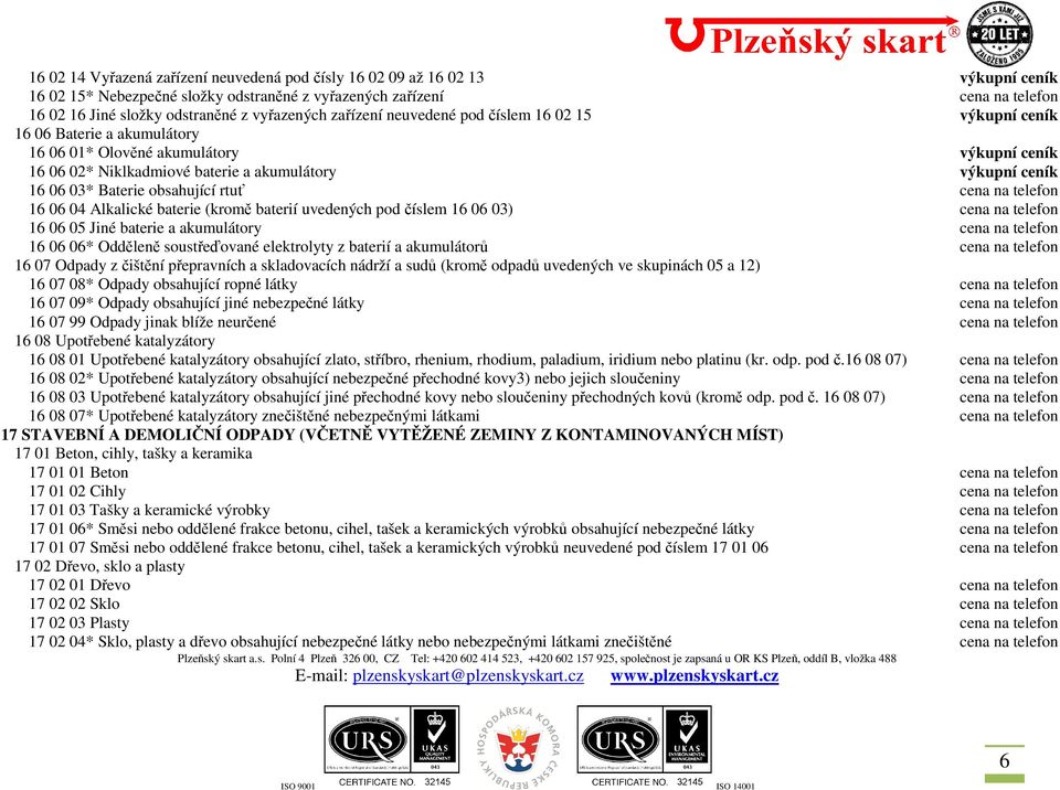 06 03* Baterie obsahující rtuť cena na telefon 16 06 04 Alkalické baterie (kromě baterií uvedených pod číslem 16 06 03) cena na telefon 16 06 05 Jiné baterie a akumulátory cena na telefon 16 06 06*