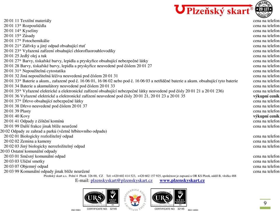 tiskařské barvy, lepidla a pryskyřice obsahující nebezpečné látky cena na telefon 20 01 28 Barvy, tiskařské barvy, lepidla a pryskyřice neuvedené pod číslem 20 01 27 cena na telefon 20 01 31*