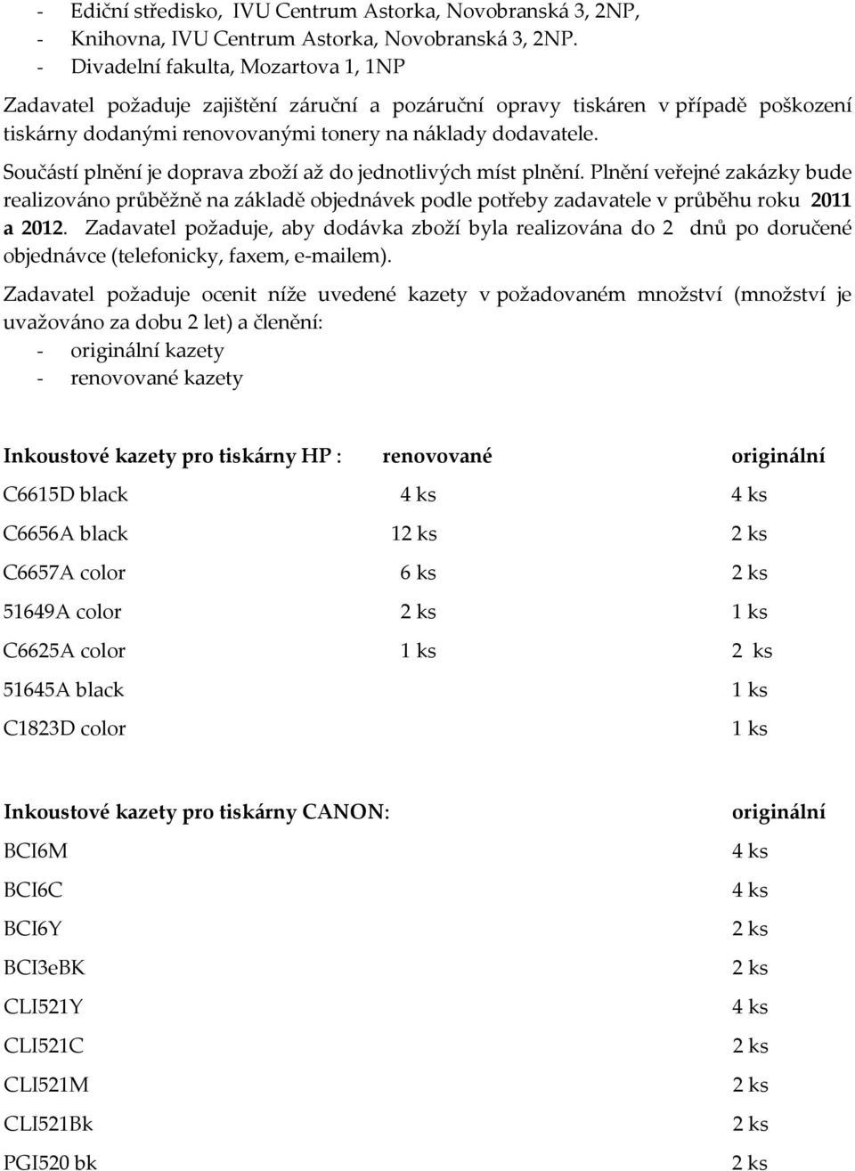 Součástí plnění je doprava zboží až do jednotlivých míst plnění. Plnění veřejné zakázky bude realizováno průběžně na základě objednávek podle potřeby zadavatele v průběhu roku 2011 a 2012.