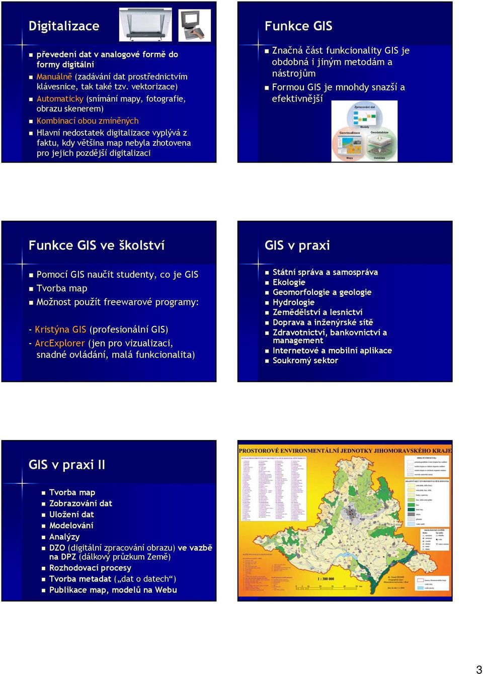 pozdější digitalizaci Funkce GIS Značná část funkcionality GIS je obdobná i jiným metodám m a nástrojům Formou GIS je mnohdy snazší a efektivnější Funkce GIS ve školství Pomocí GIS naučit studenty,