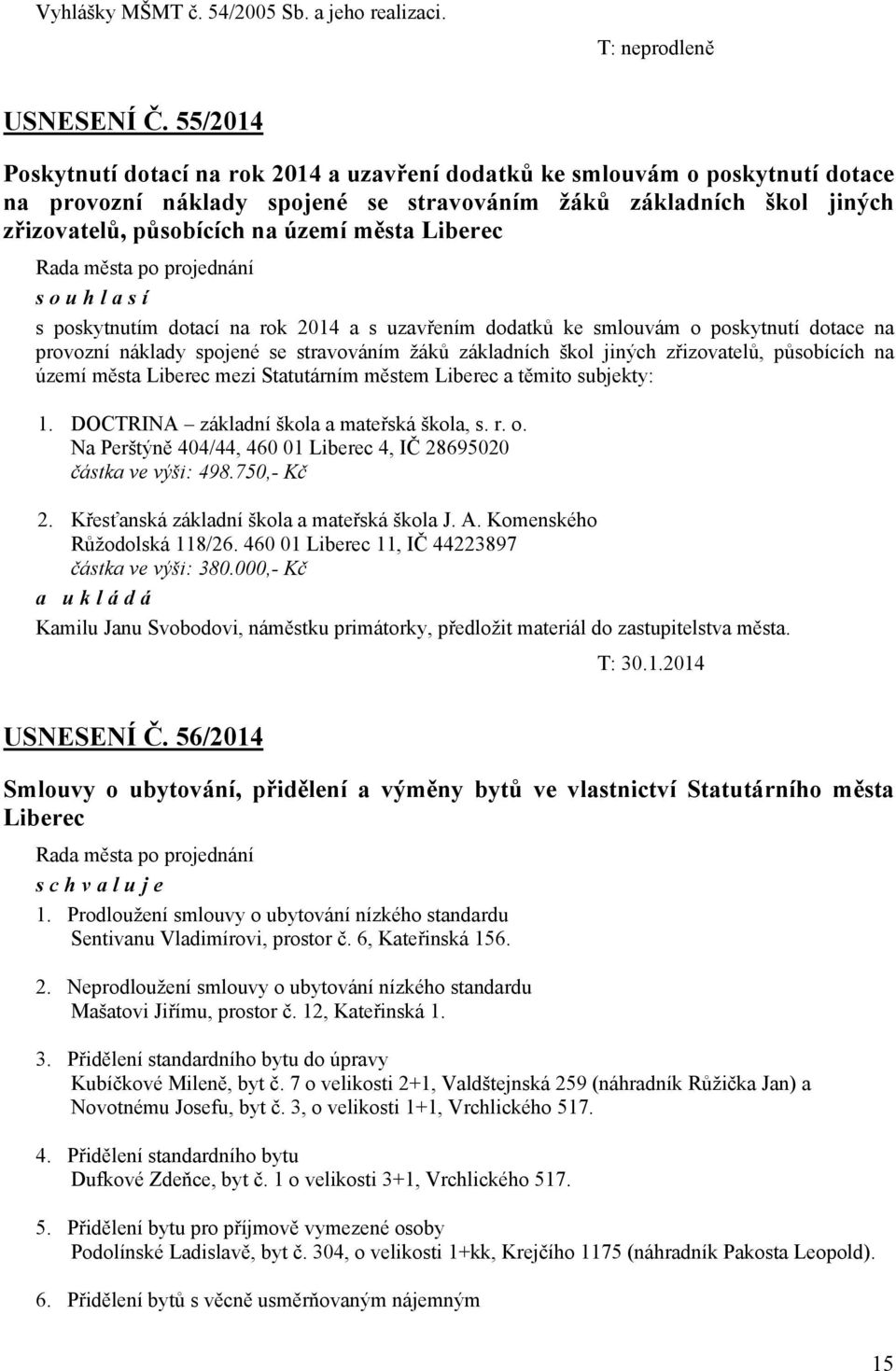 Liberec souhlasí s poskytnutím dotací na rok 2014 a s uzavřením dodatků ke smlouvám o poskytnutí dotace na provozní náklady spojené se stravováním žáků základních škol jiných zřizovatelů, působících