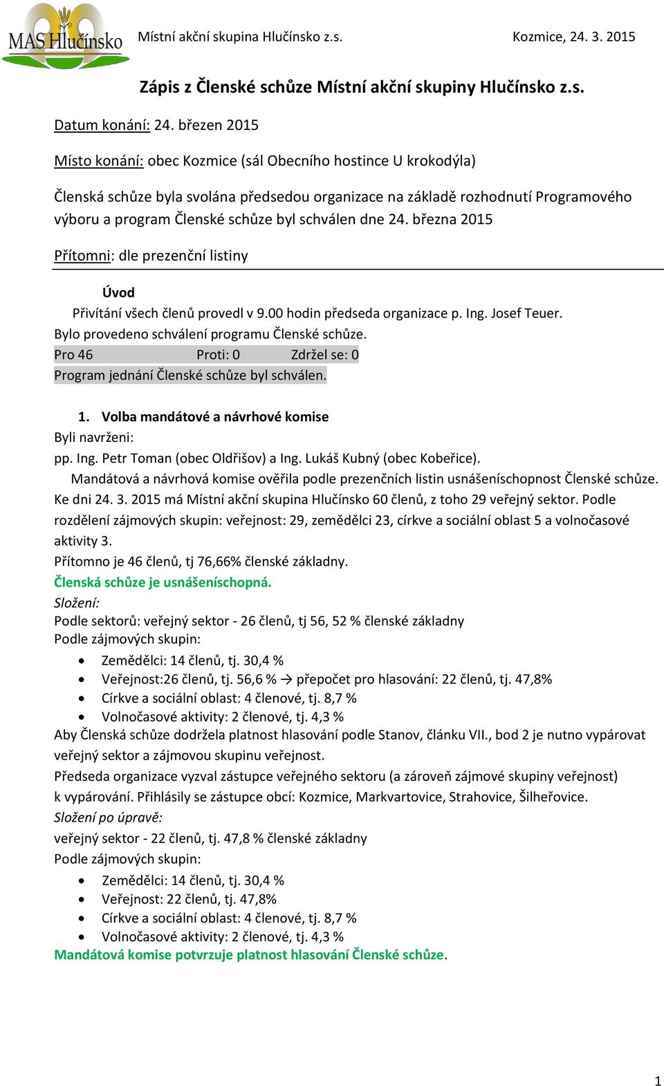 schválen dne 24. března 2015 Přítomni: dle prezenční listiny Úvod Přivítání všech členů provedl v 9.00 hodin předseda organizace p. Ing. Josef Teuer. Bylo provedeno schválení programu Členské schůze.