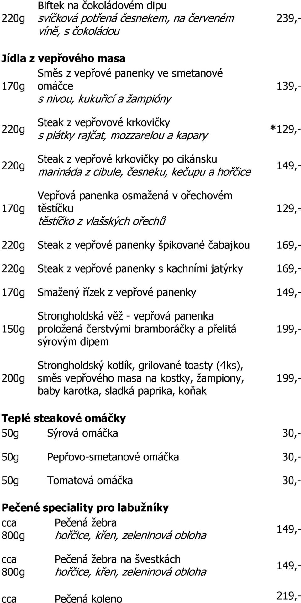 vlašských ořechů * Steak z vepřové panenky špikované čabajkou 169,- Steak z vepřové panenky s kachními jatýrky 169,- Smažený řízek z vepřové panenky 150g Strongholdská věž - vepřová panenka proložená