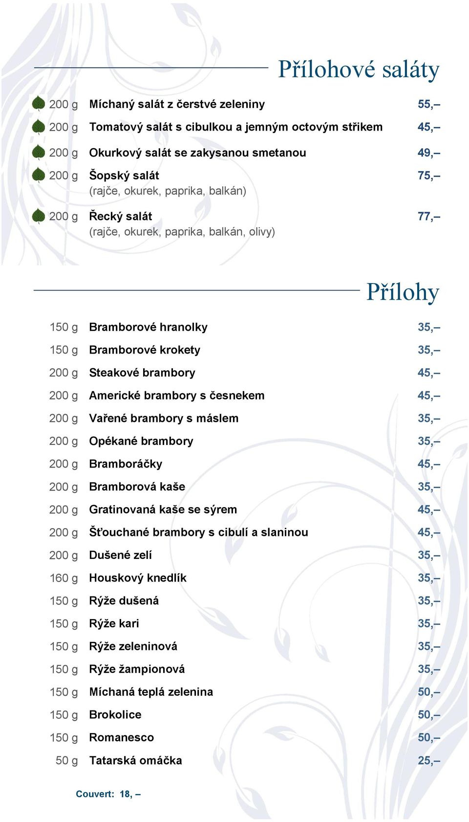 Americké brambory s česnekem 45, 200 g Vařené brambory s máslem 35, 200 g Opékané brambory 35, 200 g Bramboráčky 45, 200 g Bramborová kaše 35, 200 g Gratinovaná kaše se sýrem 45, 200 g Šťouchané