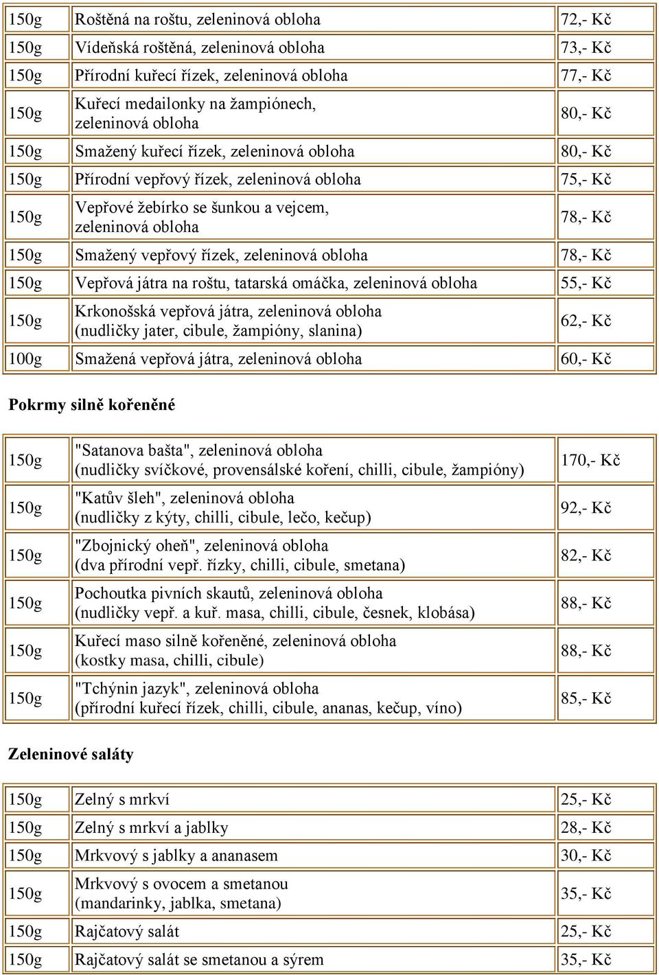 Smažená vepřová játra, 60,- Kč Pokrmy silně kořeněné "Satanova bašta", (nudličky svíčkové, provensálské koření, chilli, cibule, žampióny) "Katův šleh", (nudličky z kýty, chilli, cibule, lečo, kečup)