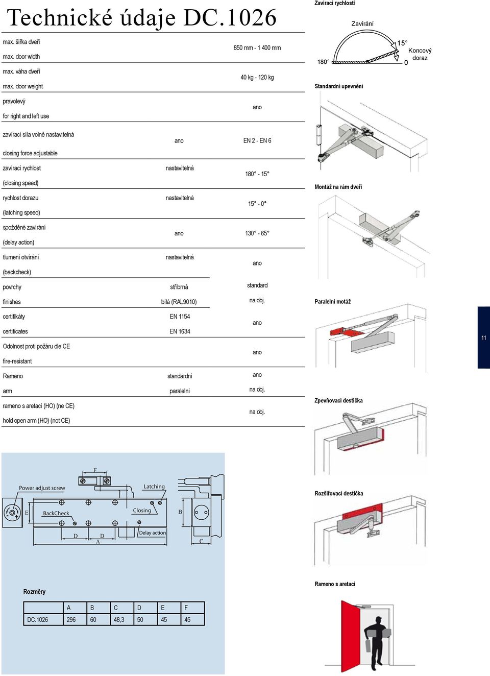 rychlost nastavitelná (closing speed) rychlost dorazu nastavitelná (latching speed) 180-15 15-0 Montáž na rám dveří spožděné zavírání (delay action) 130-65 tlumení otvírání nastavitelná (backcheck)