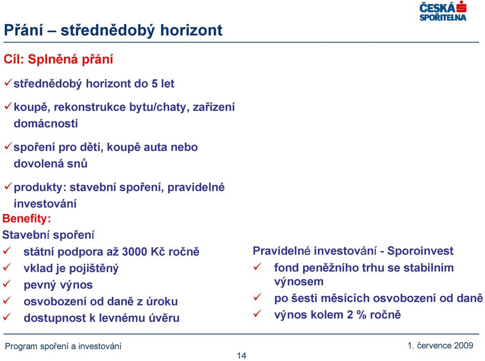 státní podpora až 3000 Kč ročně vklad je pojištěný pevný výnos osvobození od daně z úroku dostupnost k levnému úvěru Pravidelné