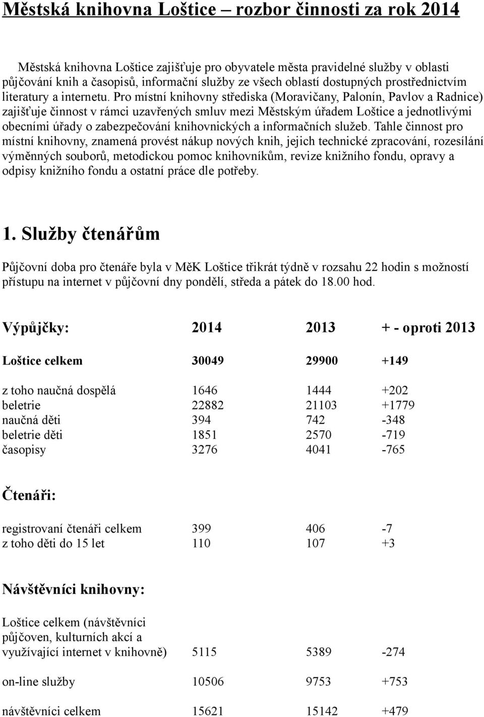 Pro místní knihovny střediska (Moravičany, Palonín, Pavlov a Radnice) zajišťuje činnost v rámci uzavřených smluv mezi Městským úřadem Loštice a jednotlivými obecními úřady o zabezpečování