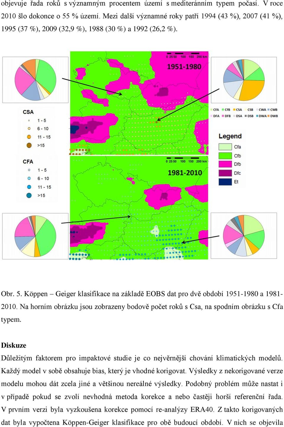 Köppen Geiger klasifikace na základě EOBS dat pro dvě období 1951-1980 a 1981-2010. Na horním obrázku jsou zobrazeny bodově počet roků s Csa, na spodním obrázku s Cfa typem.