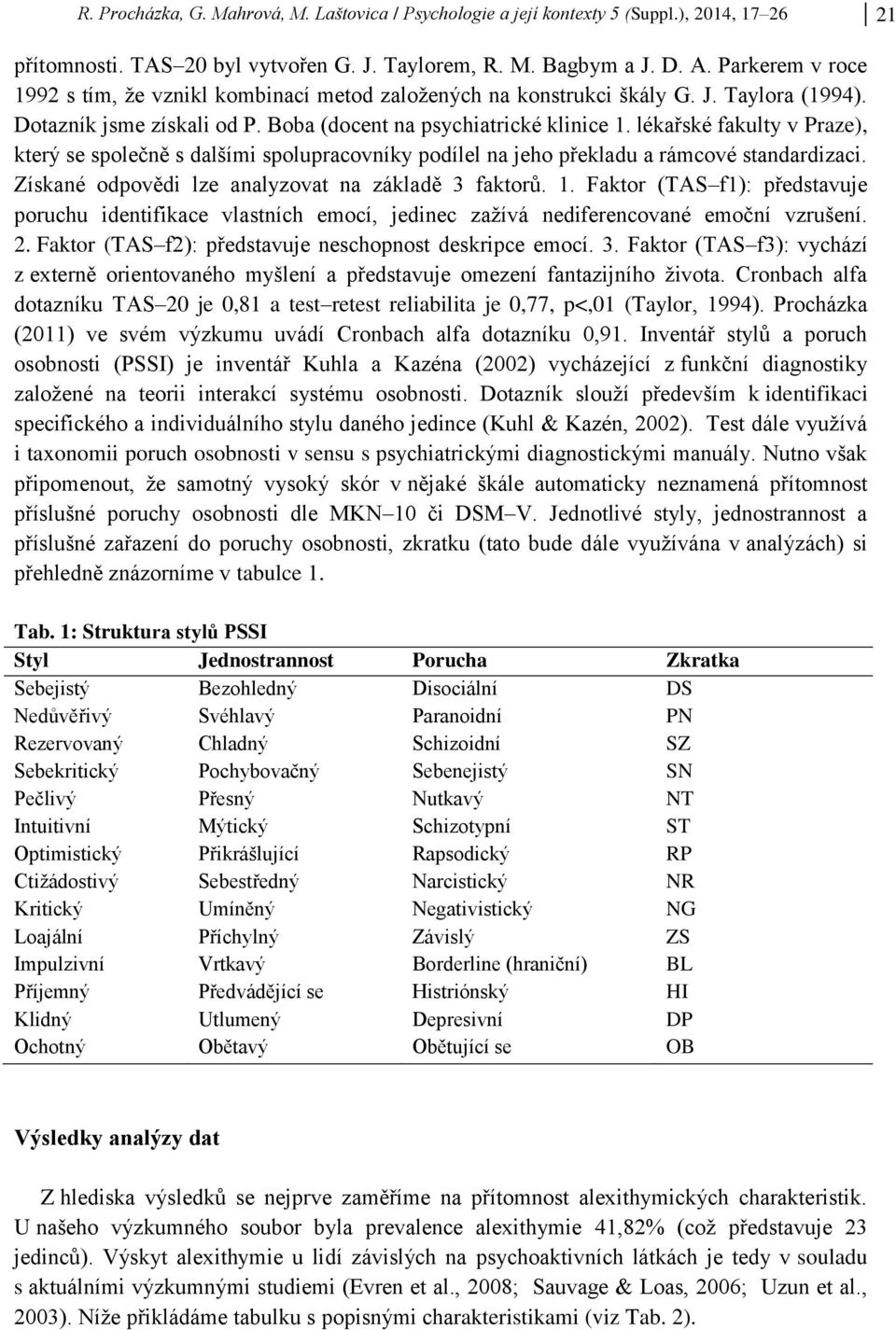 lékařské fakulty v Praze), který se společně s dalšími spolupracovníky podílel na jeho překladu a rámcové standardizaci. Získané odpovědi lze analyzovat na základě 3 faktorů. 1.