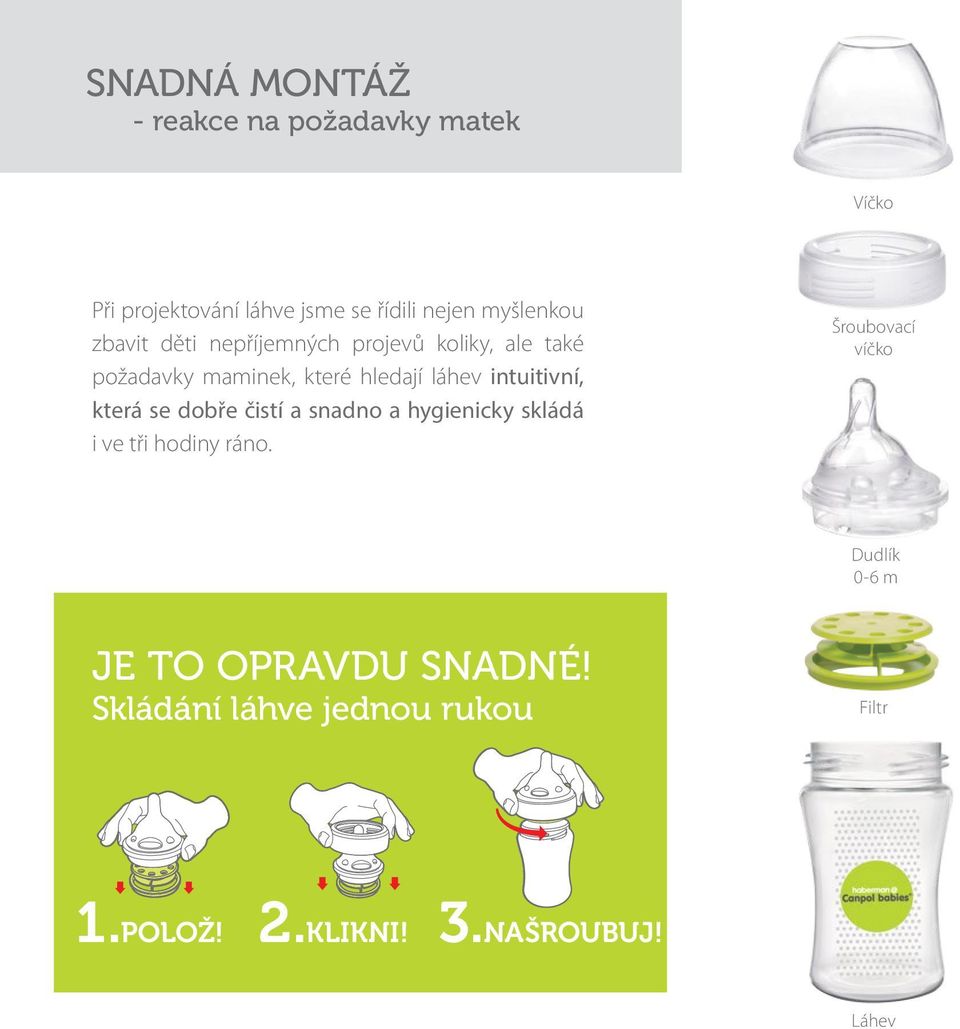 intuitivní, která se dobře čistí a snadno a hygienicky skládá i ve tři hodiny ráno.
