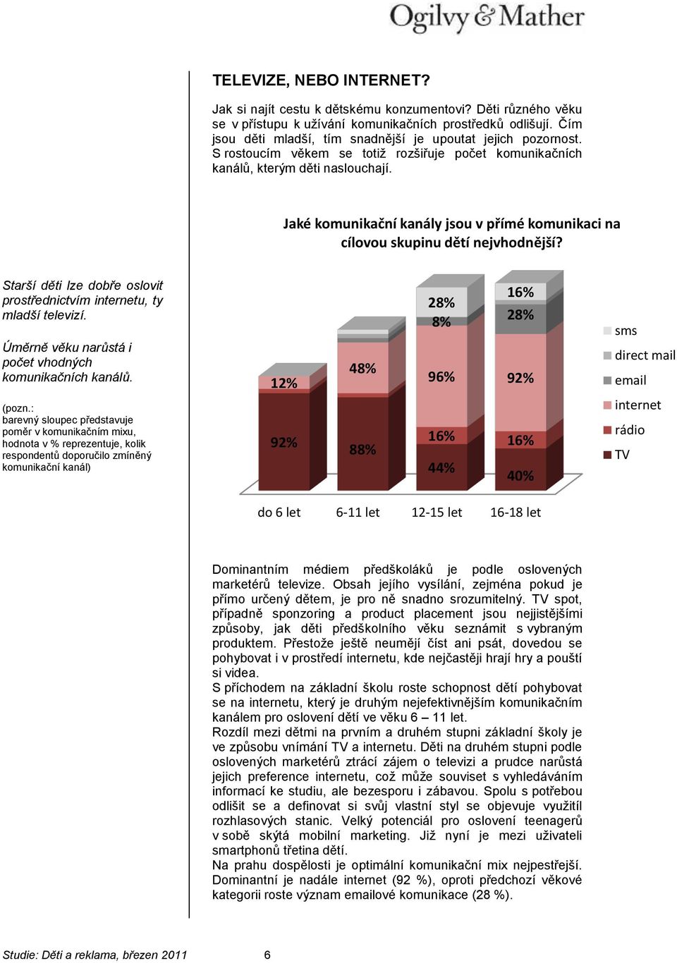 Jaké komunikační kanály jsou v přímé komunikaci na cílovou skupinu dětí nejvhodnější? Starší děti lze dobře oslovit prostřednictvím internetu, ty mladší televizí.