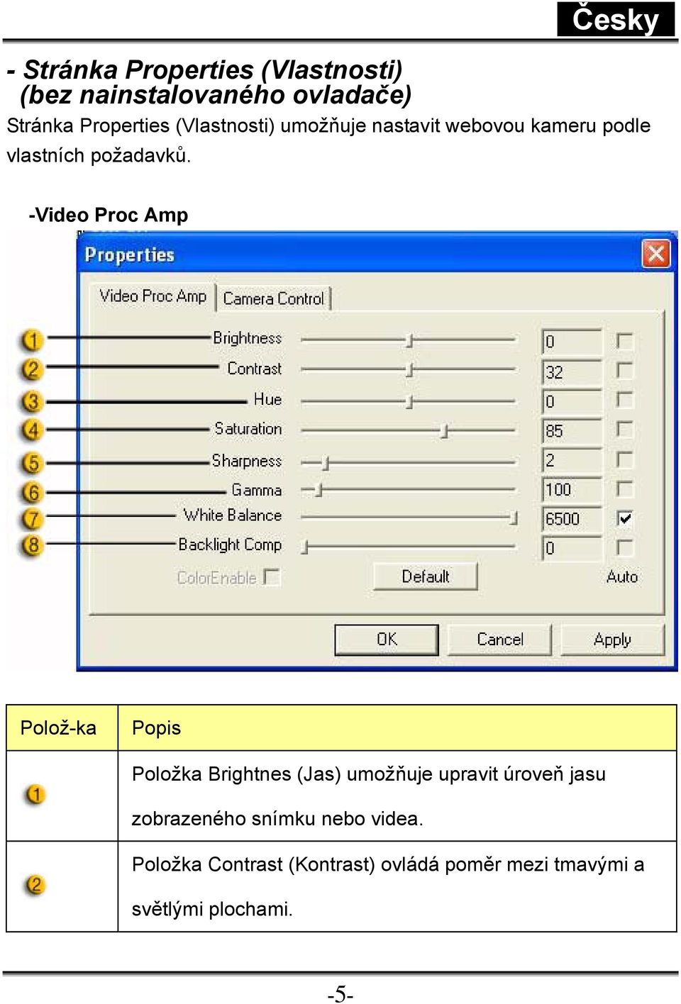 -Video Proc Amp Polož-ka Popis Položka Brightnes (Jas) umožňuje upravit úroveň jasu