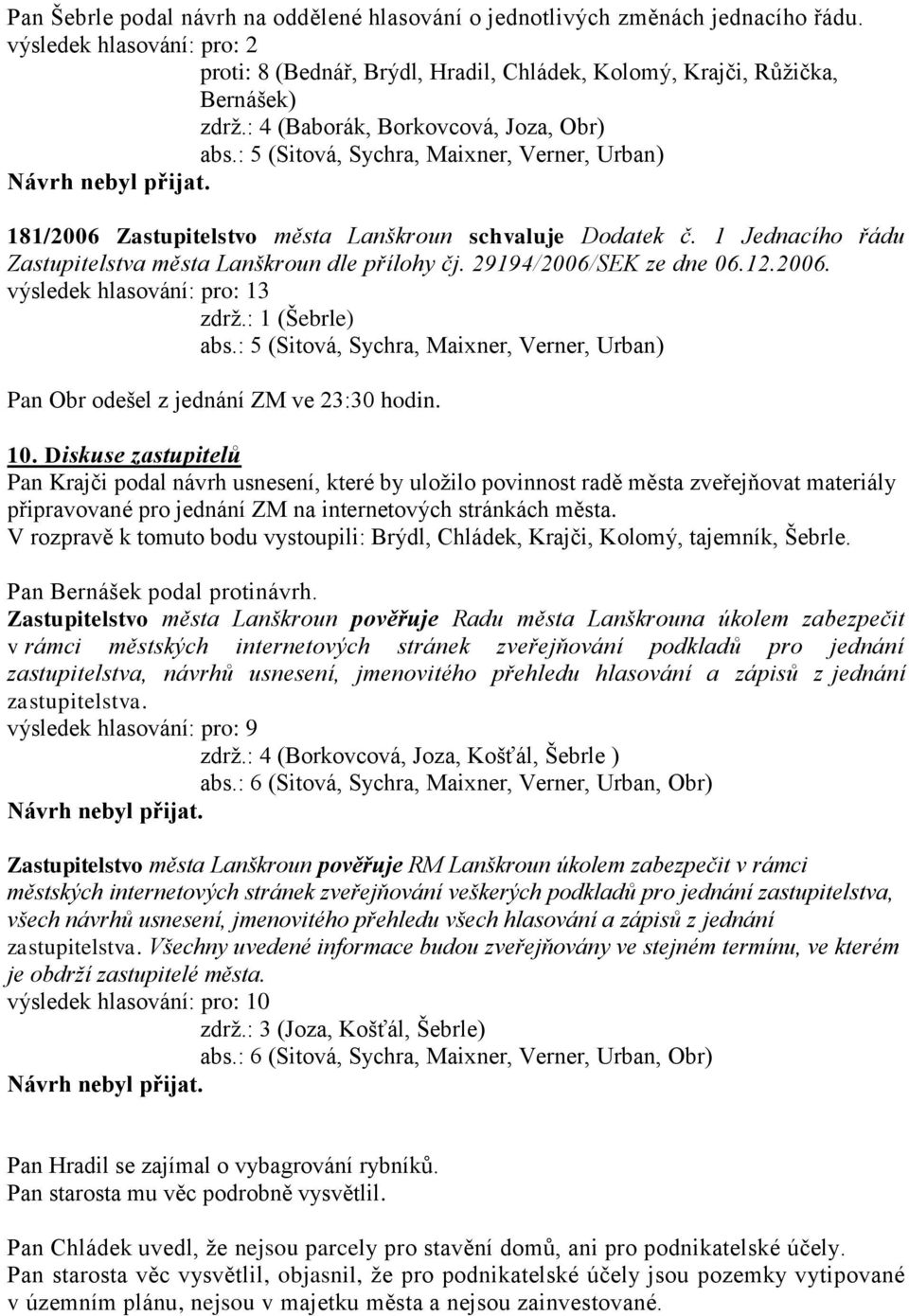 1 Jednacího řádu Zastupitelstva města Lanškroun dle přílohy čj. 29194/2006/SEK ze dne 06.12.2006. výsledek hlasování: pro: 13 zdrž.: 1 (Šebrle) abs.