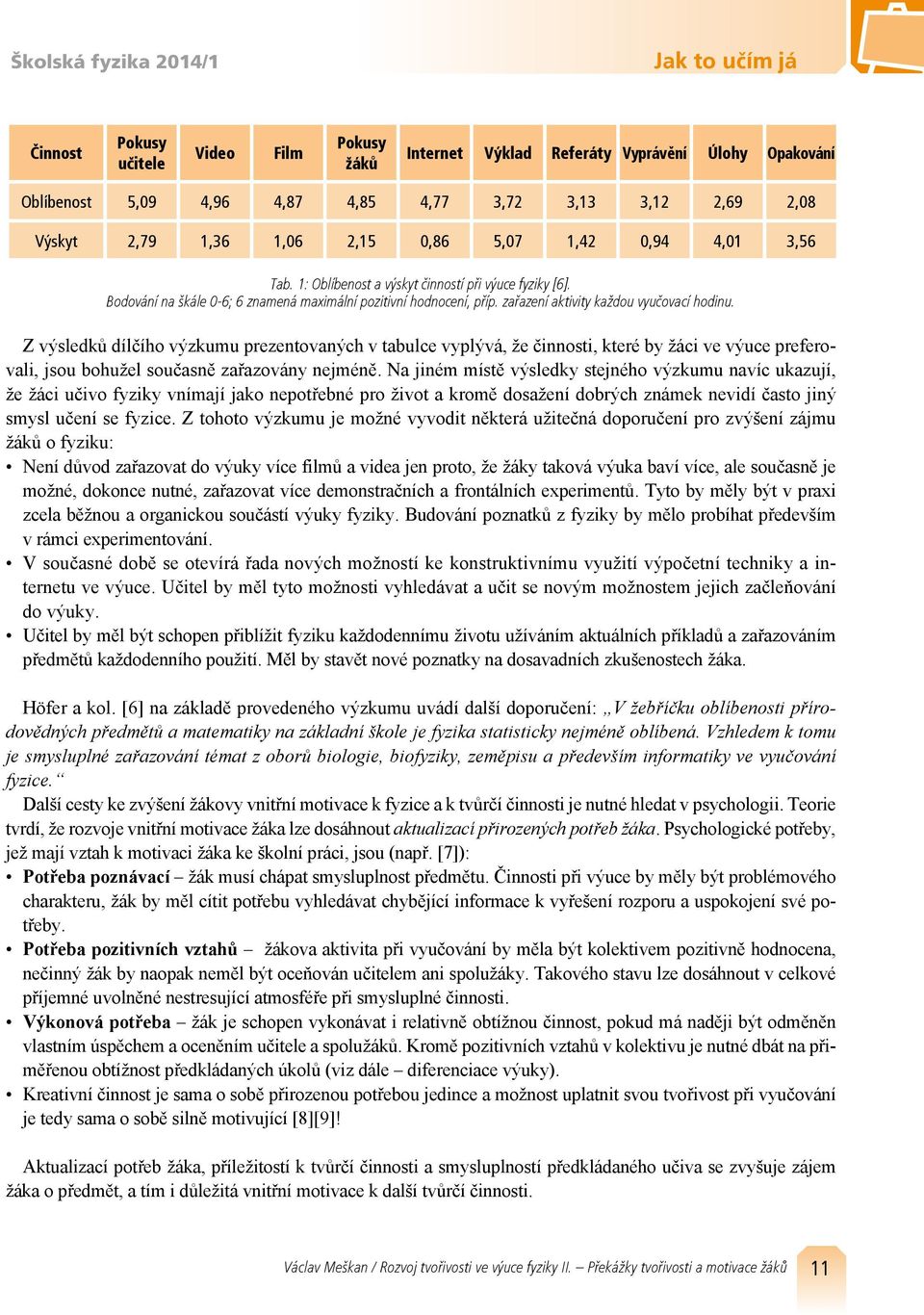 zařazení aktivity každou vyučovací hodinu. Z výsledků dílčího výzkumu prezentovaných v tabulce vyplývá, že činnosti, které by žáci ve výuce preferovali, jsou bohužel současně zařazovány nejméně.