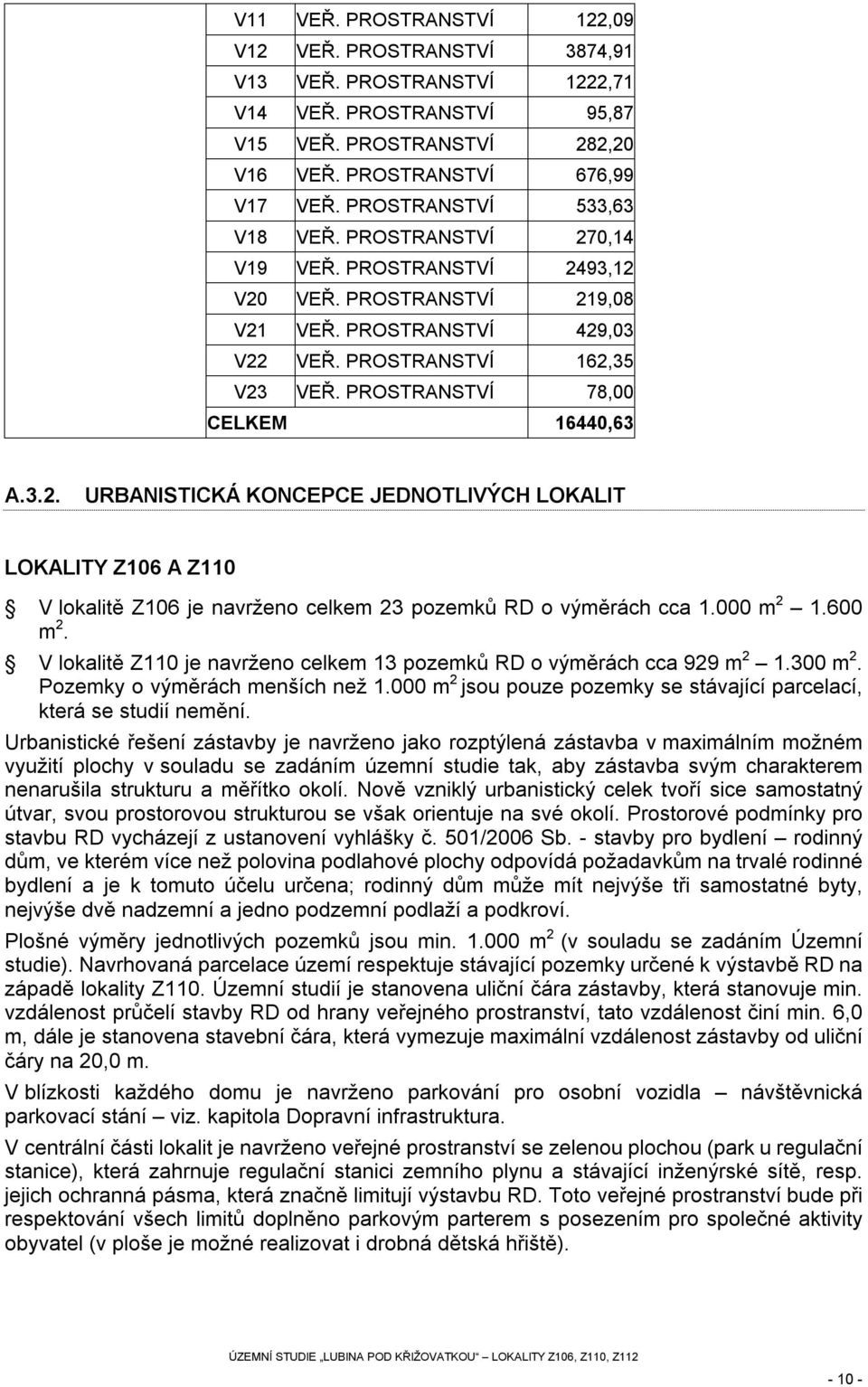 PROSTRANSTVÍ 78,00 CELKEM 16440,63 A.3.2. URBANISTICKÁ KONCEPCE JEDNOTLIVÝCH LOKALIT LOKALITY Z106 A Z110 V lokalitě Z106 je navrženo celkem 23 pozemků RD o výměrách cca 1.000 m 2 1.600 m 2.