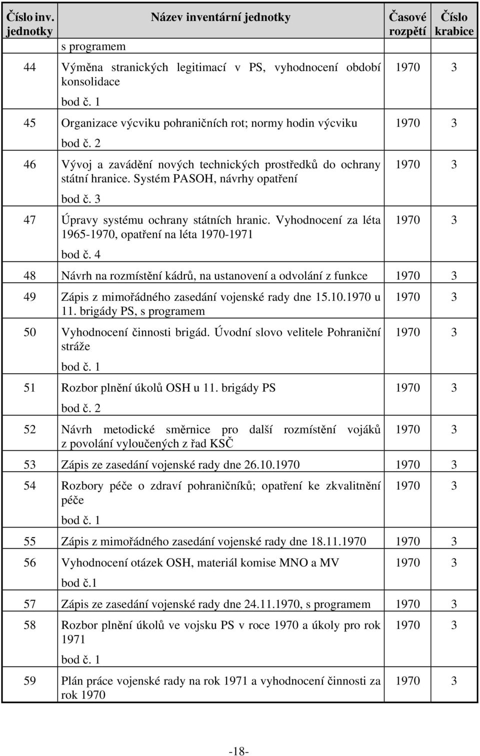 3 46 Vývoj a zavádění nových technických prostředků do ochrany 1970 3 státní hranice. Systém PASOH, návrhy opatření 47 Úpravy systému ochrany státních hranic.