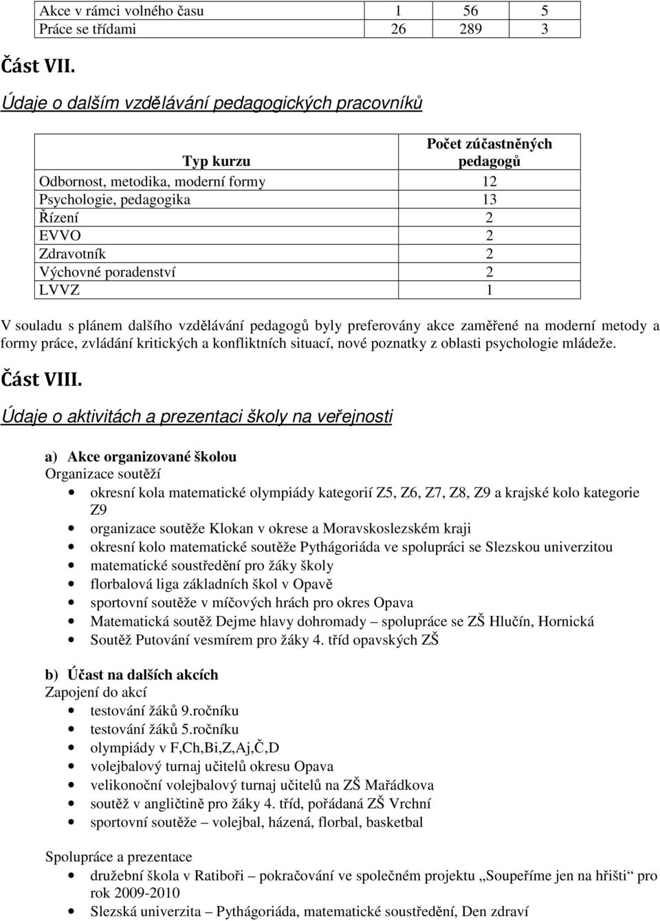 poradenství 2 LVVZ 1 V souladu s plánem dalšího vzdělávání pedagogů byly preferovány akce zaměřené na moderní metody a formy práce, zvládání kritických a konfliktních situací, nové poznatky z oblasti