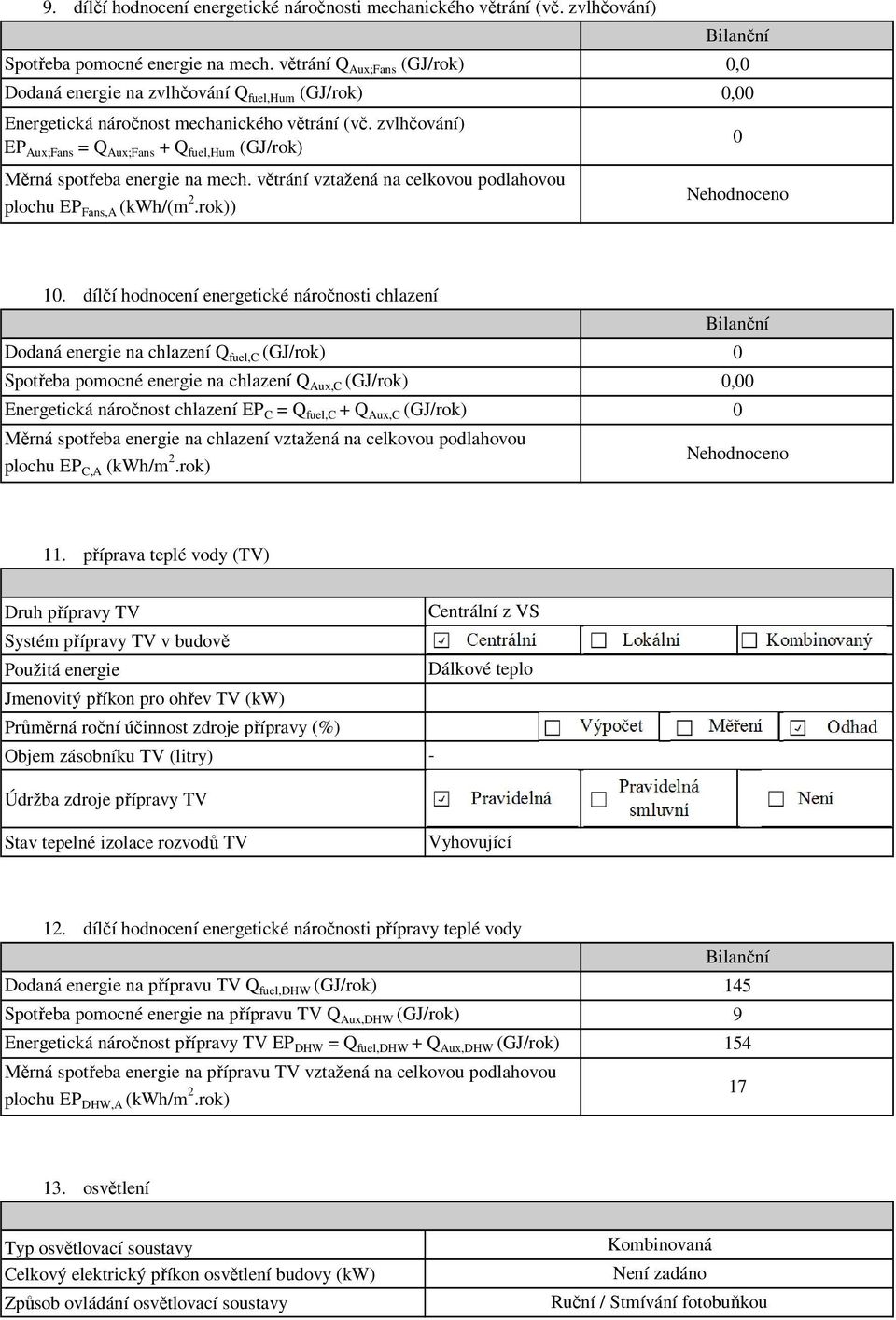 zvlhčování) EP Aux;Fans = Q Aux;Fans + Q fuel,hum (GJ/rok) Měrná spotřeba energie na mech. větrání vztažená na celkovou podlahovou plochu EP Fans,A (kwh/(m 2.rok)) Bilanční 0,0 0,00 0 Nehodnoceno 10.