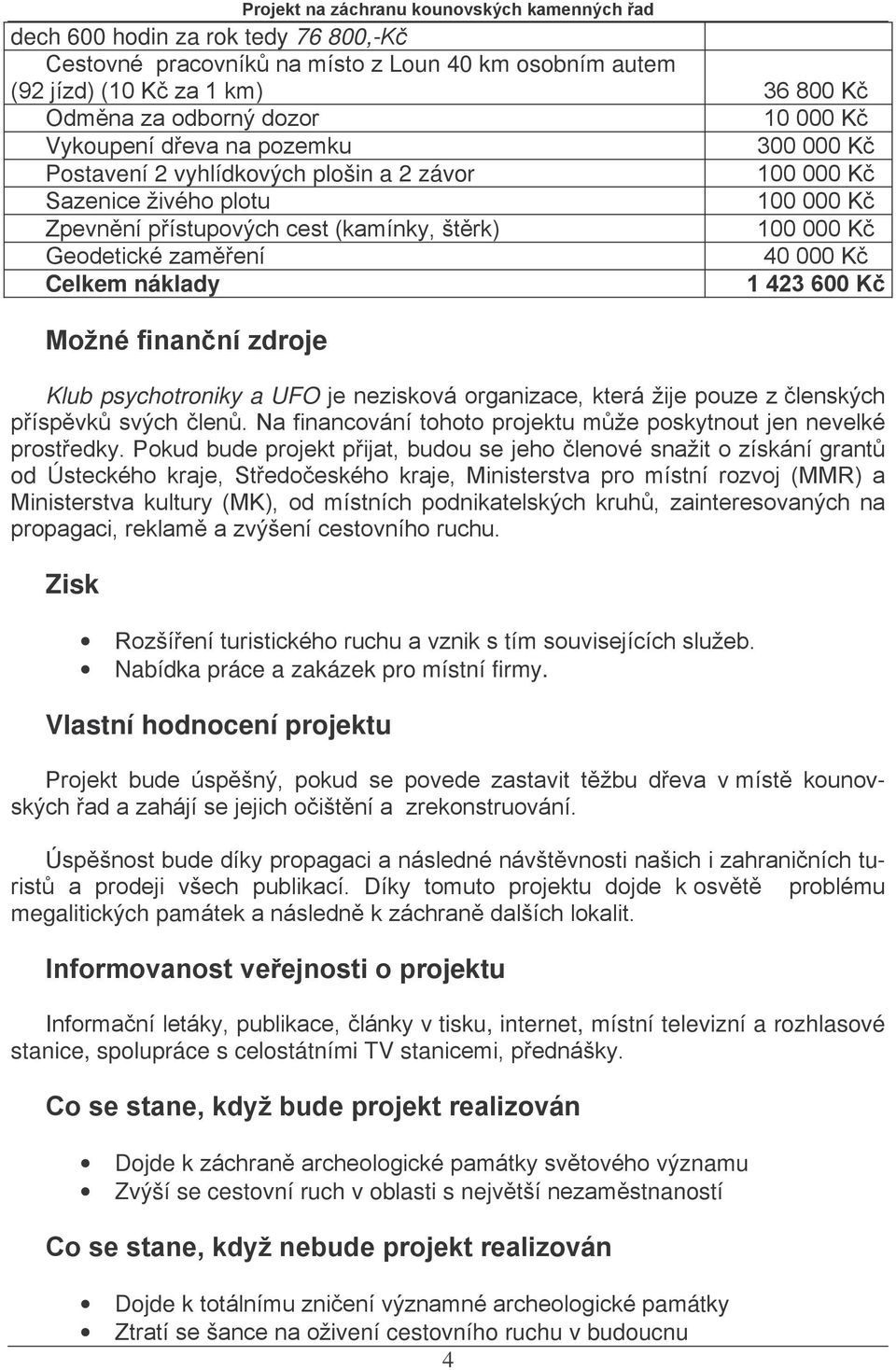 Kč Možné finanční zdroje Klub psychotroniky a UFO je nezisková organizace, která žije pouze z členských příspěvků svých členů. Na financování tohoto projektu může poskytnout jen nevelké prostředky.