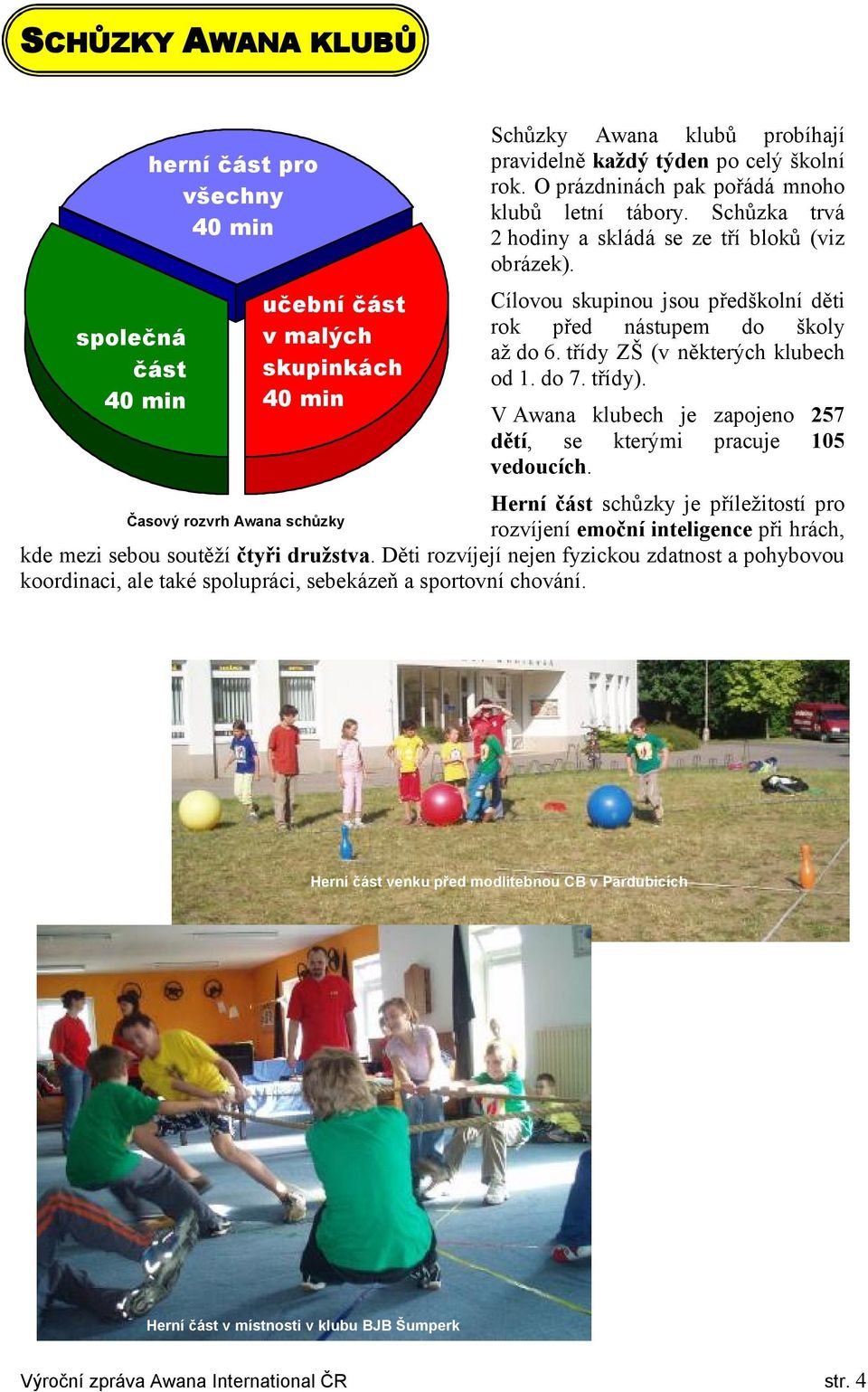 třídy ZŠ (v některých klubech od 1. do 7. třídy). V Awana klubech je zapojeno 257 dětí, se kterými pracuje 105 vedoucích.