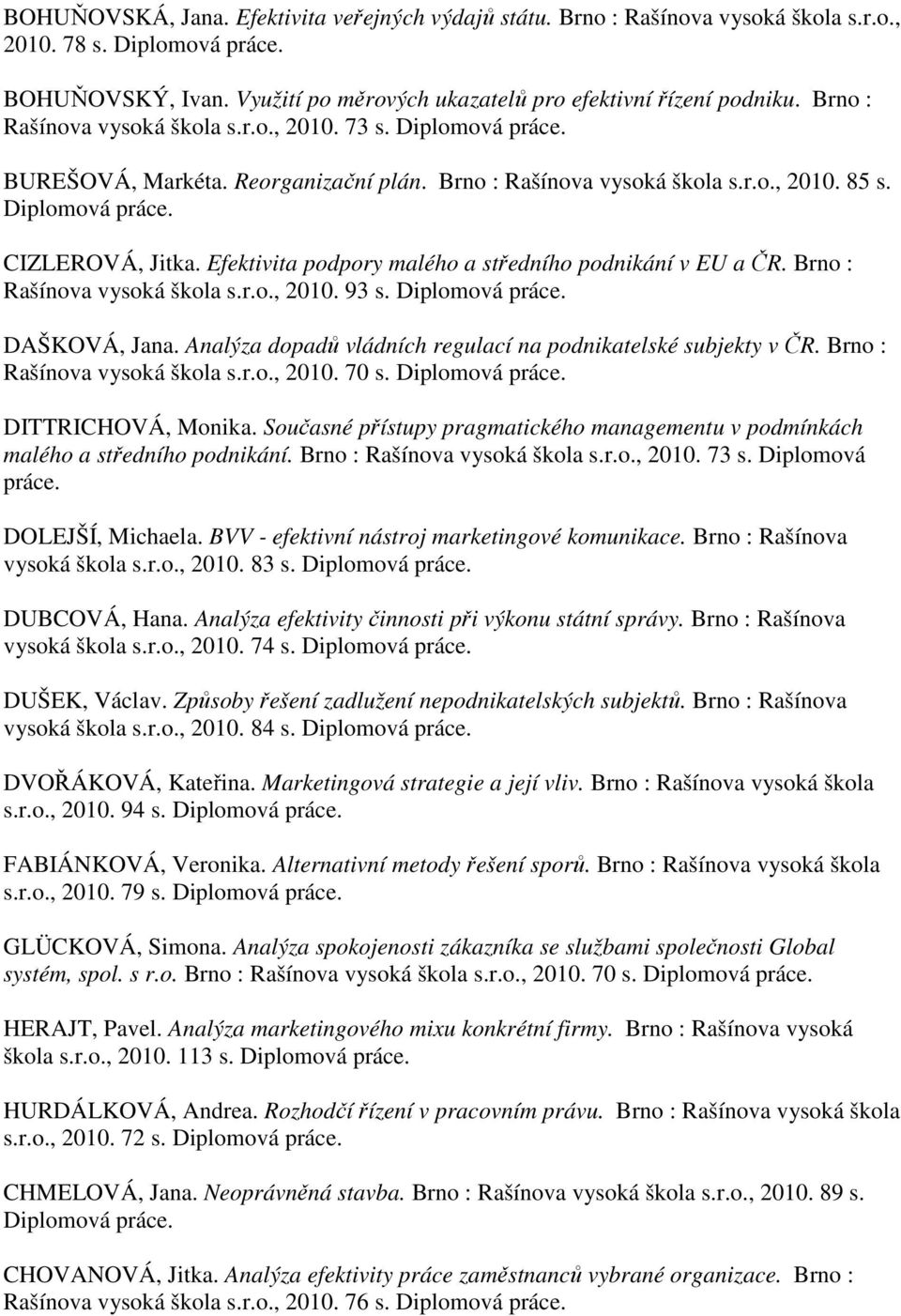 Efektivita podpory malého a středního podnikání v EU a ČR. Brno : Rašínova vysoká škola s.r.o., 2010. 93 s. DAŠKOVÁ, Jana. Analýza dopadů vládních regulací na podnikatelské subjekty v ČR.