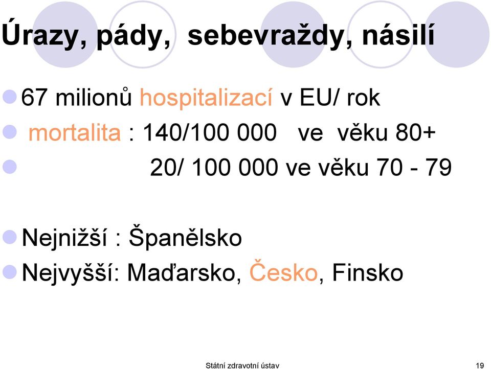 věku 80+ 20/ 100 000 ve věku 70-79 Nejnižší :