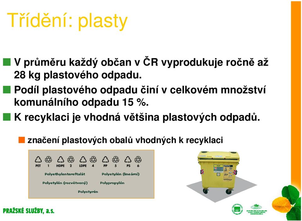 Podíl plastového odpadu činí v celkovém množství komunálního