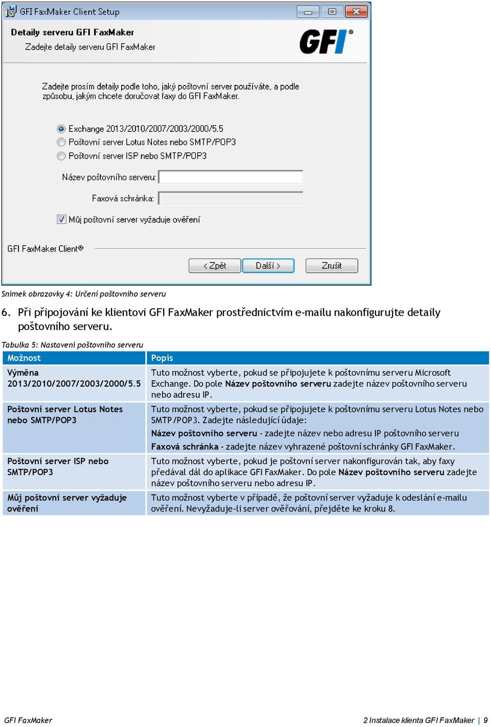 5 Poštovní server Lotus Notes nebo SMTP/POP3 Poštovní server ISP nebo SMTP/POP3 Můj poštovní server vyžaduje ověření Tuto možnost vyberte, pokud se připojujete k poštovnímu serveru Microsoft Exchange.