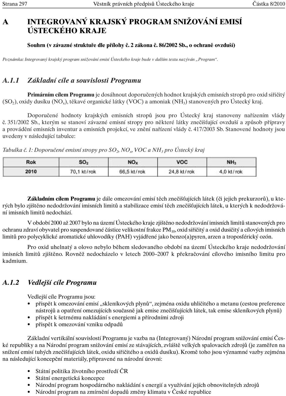 1 Základní cíle a souvislosti Programu Primárním cílem Programu je dosáhnout doporuãen ch hodnot krajsk ch emisních stropû pro oxid sifiiãit (SO 2 ), oxidy dusíku (NO x ), tûkavé organické látky