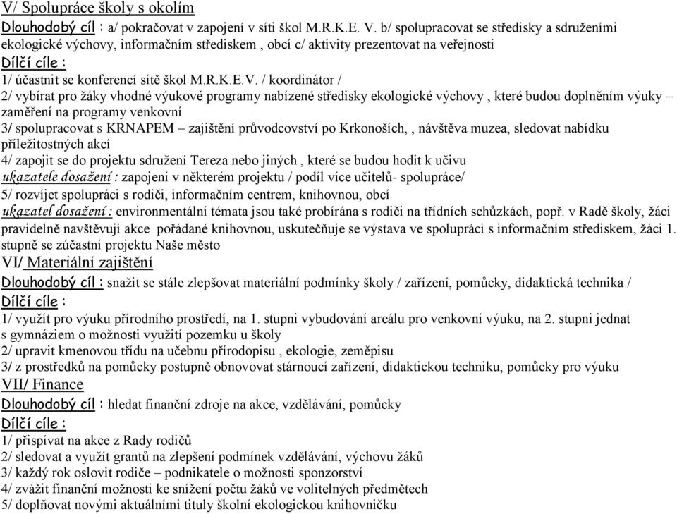 / koordinátor / 2/ vybírat pro žáky vhodné výukové programy nabízené středisky ekologické výchovy, které budou doplněním výuky zaměření na programy venkovní 3/ spolupracovat s KRNAPEM zajištění