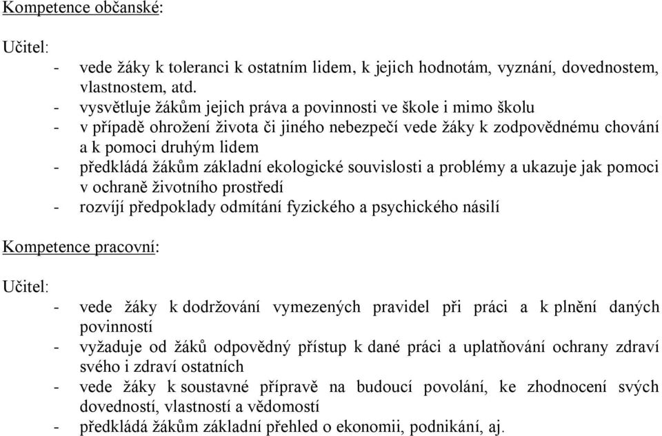 ekologické souvislosti a problémy a ukazuje jak pomoci v ochraně životního prostředí - rozvíjí předpoklady odmítání fyzického a psychického násilí Kompetence pracovní: Učitel: - vede žáky k