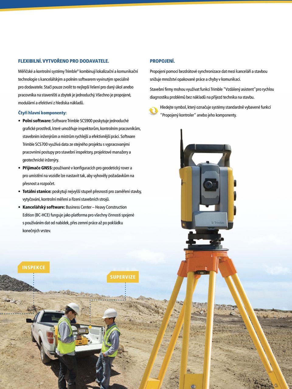 Čtyři hlavní komponenty: Polní software: Software Trimble SCS900 poskytuje jednoduché grafické prostředí, které umožňuje inspektorům, kontrolním pracovníkům, stavebním inženýrům a mistrům rychlejší a