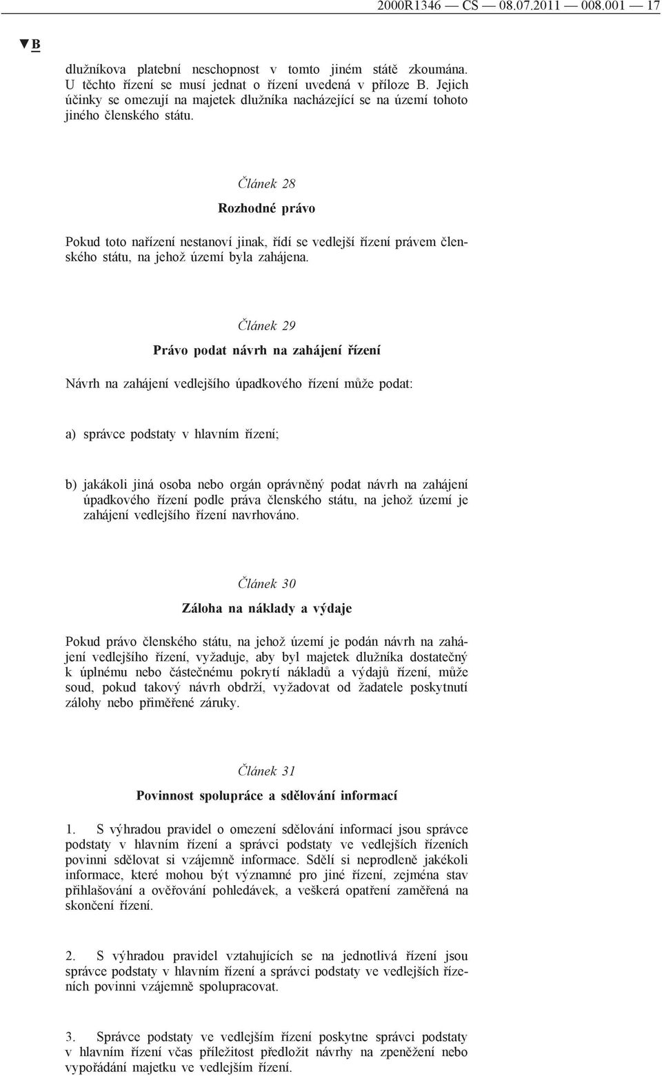Článek 28 Rozhodné právo Pokud toto nařízení nestanoví jinak, řídí se vedlejší řízení právem členského státu, na jehož území byla zahájena.