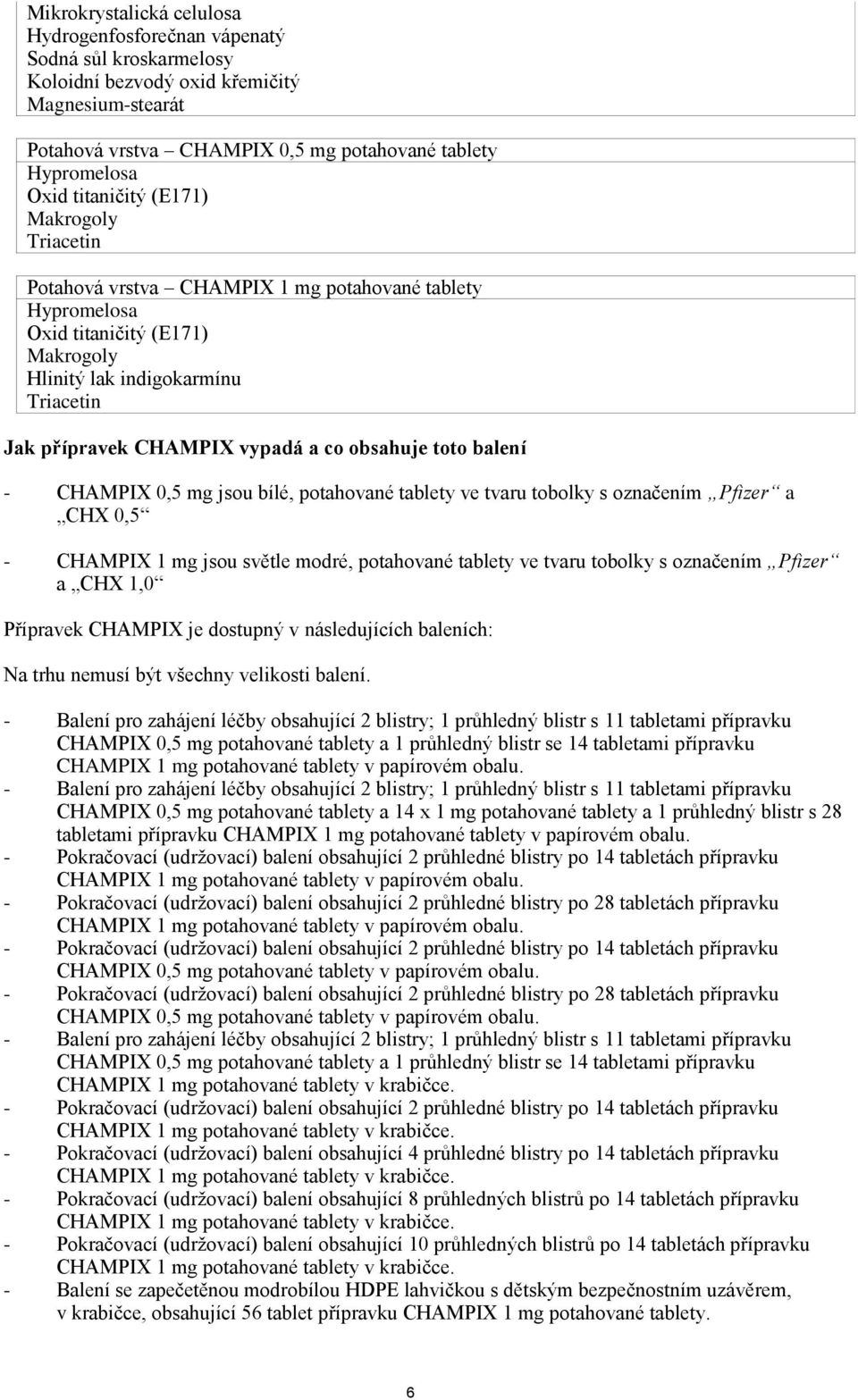 co obsahuje toto balení - CHAMPIX 0,5 mg jsou bílé, potahované tablety ve tvaru tobolky s označením Pfizer a CHX 0,5 - CHAMPIX 1 mg jsou světle modré, potahované tablety ve tvaru tobolky s označením