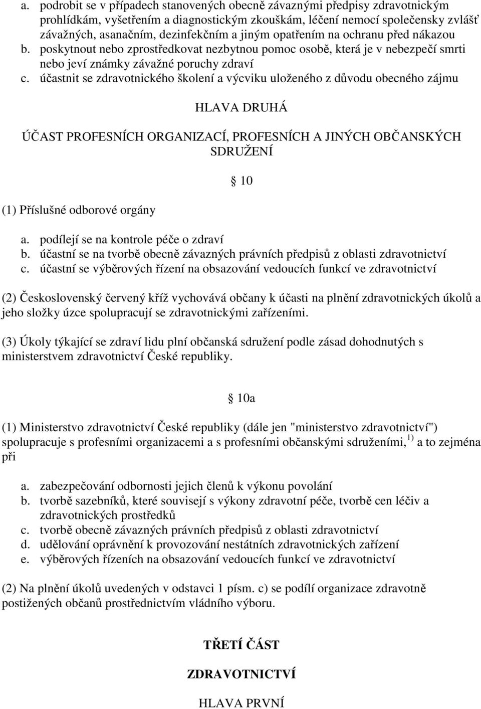 účastnit se zdravotnického školení a výcviku uloženého z důvodu obecného zájmu HLAVA DRUHÁ ÚČAST PROFESNÍCH ORGANIZACÍ, PROFESNÍCH A JINÝCH OBČANSKÝCH SDRUŽENÍ (1) Příslušné odborové orgány 10 a.