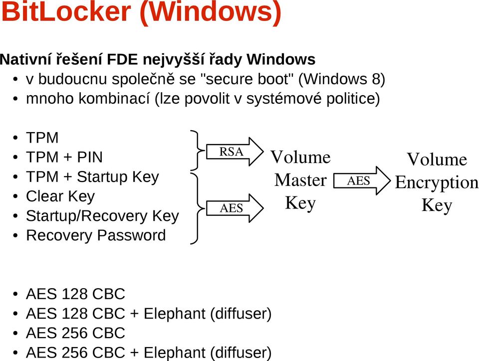 Key Clear Key Startup/Recovery Key Recovery Password RSA AES Volume Master Key AES 128 CBC AES