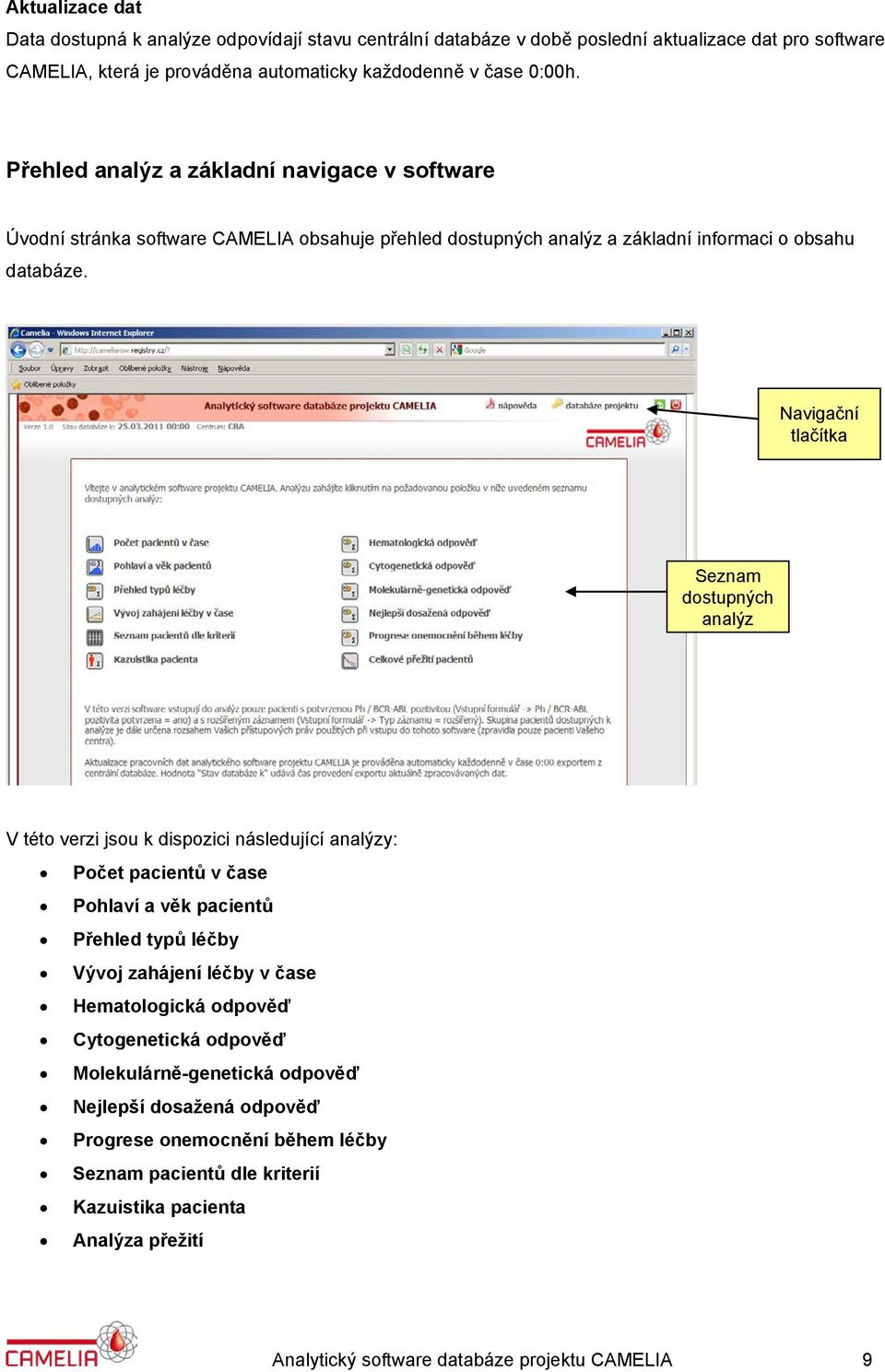 Navigační tlačítka Seznam dostupných analýz V této verzi jsou k dispozici následující analýzy: Počet pacientů v čase Pohlaví a věk pacientů Přehled typů léčby Vývoj zahájení léčby v čase