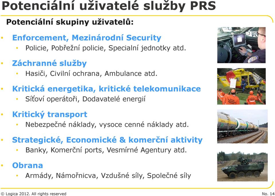 Kritická energetika, kritické telekomunikace Síťoví operátoři, Dodavatelé energií Kritický transport Nebezpečné náklady,