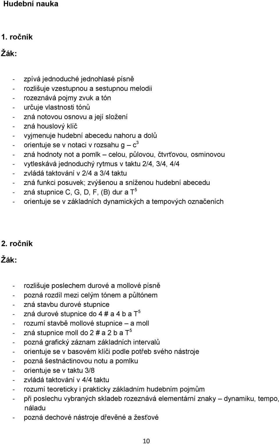 vyjmenuje hudební abecedu nahoru a dolů - orientuje se v notaci v rozsahu g c 3 - zná hodnoty not a pomlk celou, půlovou, čtvrťovou, osminovou - vytleskává jednoduchý rytmus v taktu 2/4, 3/4, 4/4 -