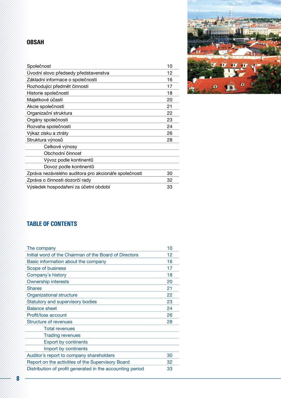 nezávislého auditora pro akcionáře společnosti 30 Zpráva o činnosti dozorčí rady 32 Výsledek hospodaření za účetní období 33 TABLE OF CONTENTS 8 The company 10 Initial word of the Chairman of the